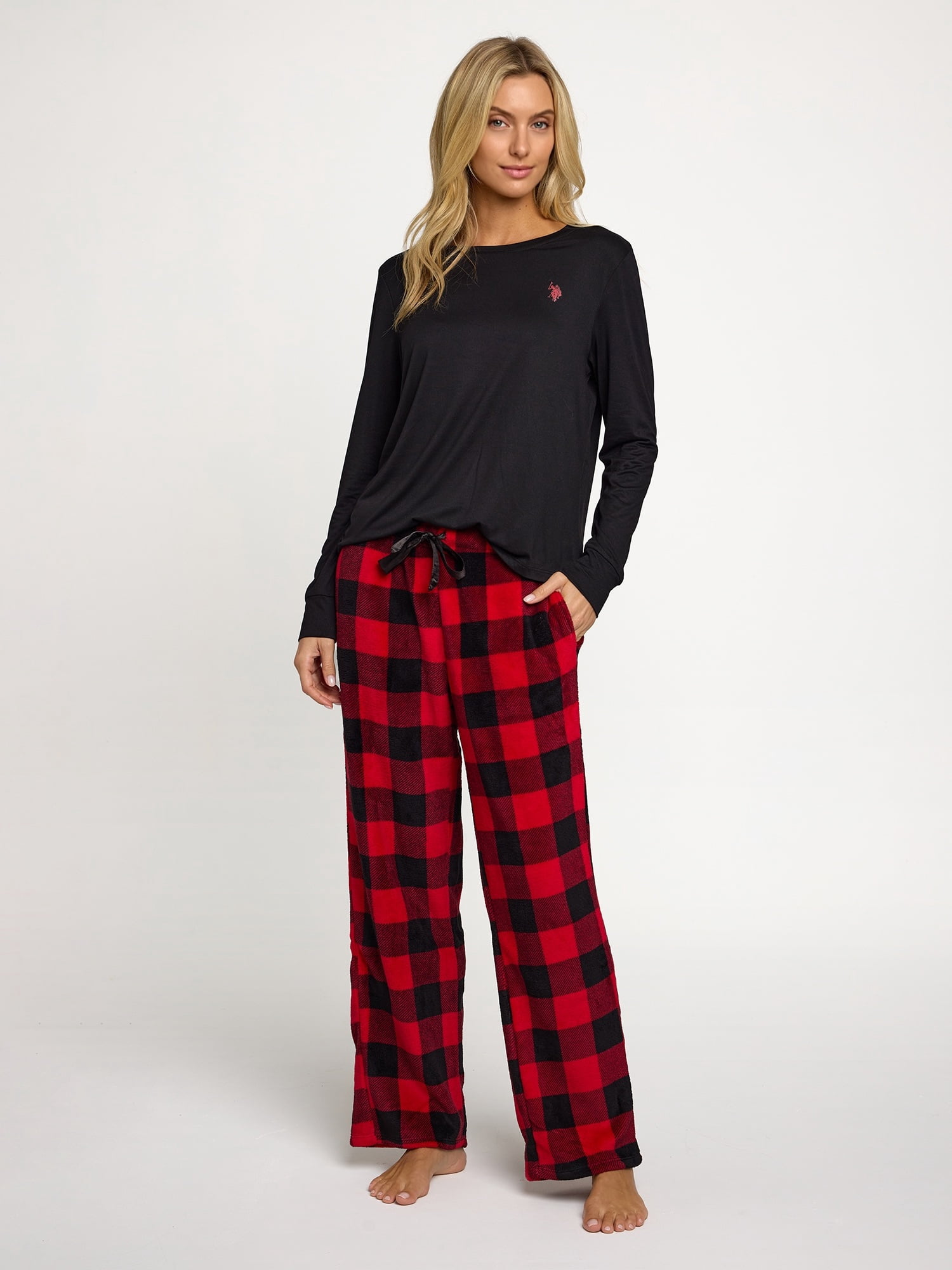 U.S. Polo Assn. Women's Holiday Giftable Long Sleeve Top and Plush Pant Pajama Sleep Set, 2-Piece, Sizes S-3X