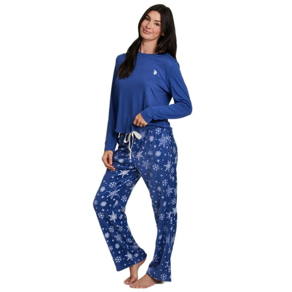 U.S. Polo Assn. Women's Holiday Giftable Long Sleeve Top and Plush Pant Pajama Sleep Set, 2-Piece, Sizes S-3X
