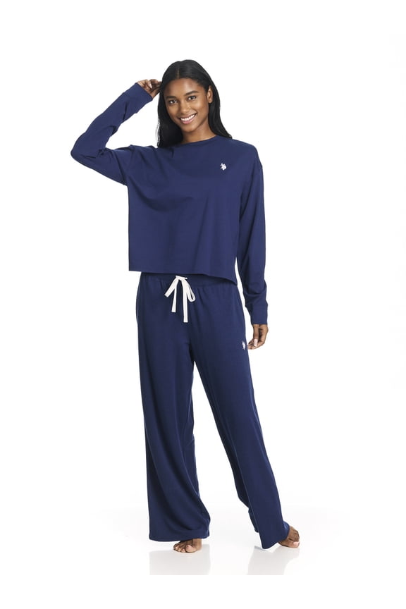 Women's Long Sleeve Cotton Span Top and French Terry Wide Leg Pant Pajama Sleep Set, 2-Piece, Sizes S-3X
