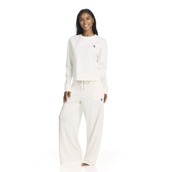 U.S. Polo Assn. Women's Long Sleeve Cotton Span Top and French Terry Wide Leg Pant Pajama Sleep Set, 2-Piece, Sizes S-3X