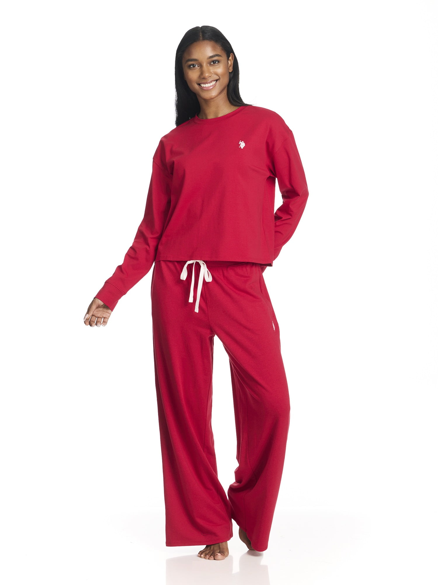 U.S. Polo Assn. Women's Long Sleeve Cotton Span Top and French Terry Wide Leg Pant Pajama Sleep Set, 2-Piece, Sizes S-3X