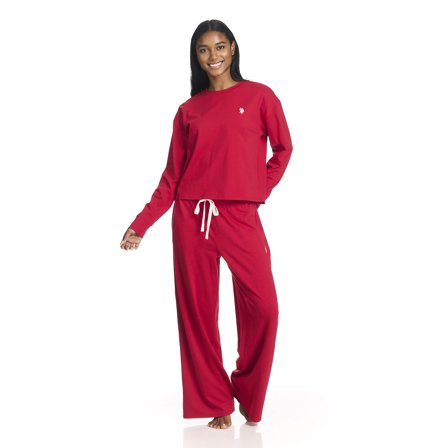U.S. Polo Assn. Women's Long Sleeve Cotton Span Top and French Terry Wide Leg Pant Pajama Sleep Set, 2-Piece, Sizes S-3X