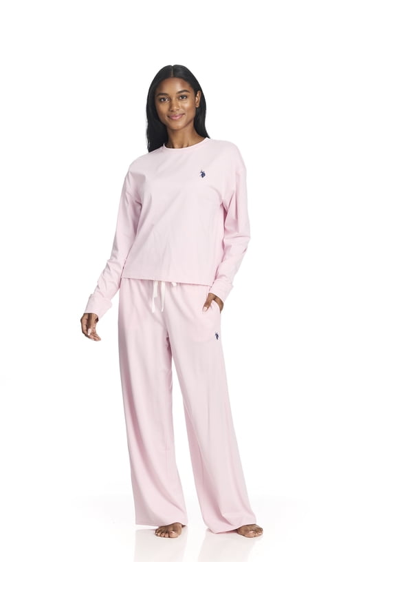 Women's Long Sleeve Cotton Span Top and French Terry Wide Leg Pant Pajama Sleep Set, 2-Piece, Sizes S-3X