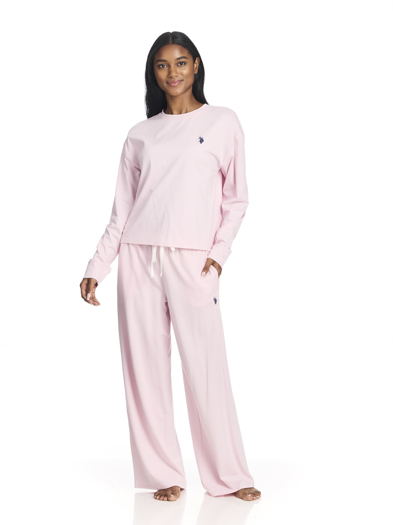 U.S. Polo Assn. Women's Long Sleeve Cotton Span Top and French Terry Wide Leg Pant Pajama Sleep Set, 2-Piece, Sizes S-3X