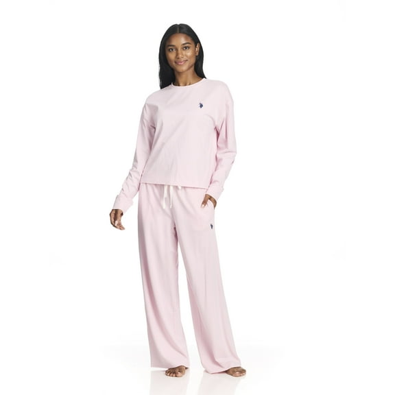 U.S. Polo Assn. Women's Long Sleeve Cotton Span Top and French Terry Wide Leg Pant Pajama Sleep Set, 2-Piece, Sizes S-3X