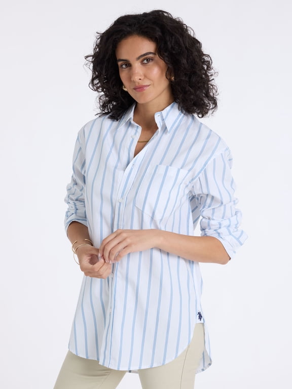 Women's Relaxed Long Sleeve Stripe Button Down Shirt, Sizes XS-XL