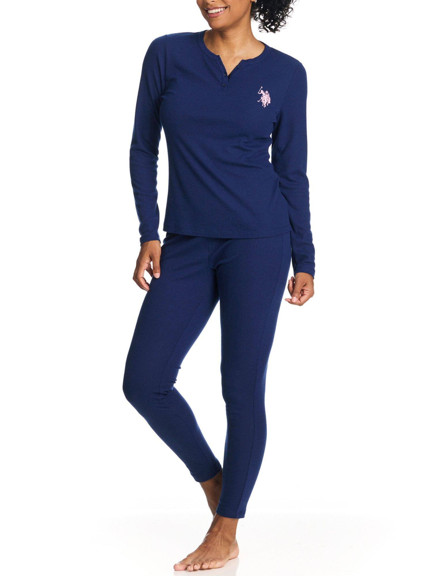 U.S. Polo Assn. Women's Ribbed Henley Long Underwear Thermal Set, 2-Piece Set, Sizes S-3X