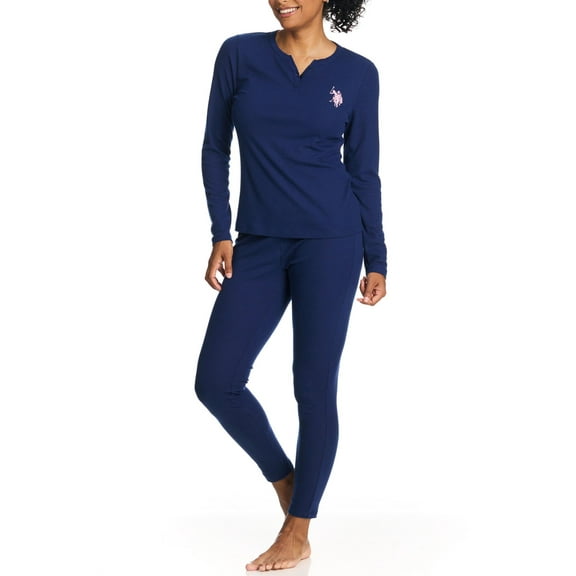 U.S. Polo Assn. Women's Ribbed Henley Long Underwear Thermal Set, 2-Piece Set, Sizes S-3X