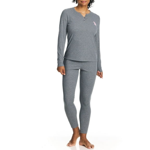 U.S. Polo Assn. Women's Ribbed Henley Long Underwear Thermal Set, 2-Piece Set, Sizes S-3X