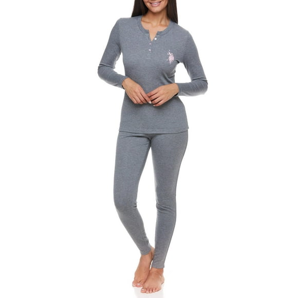 U.S. Polo Assn. Women's Ribbed Henley Long Underwear Thermal Set, 2-Piece Set
