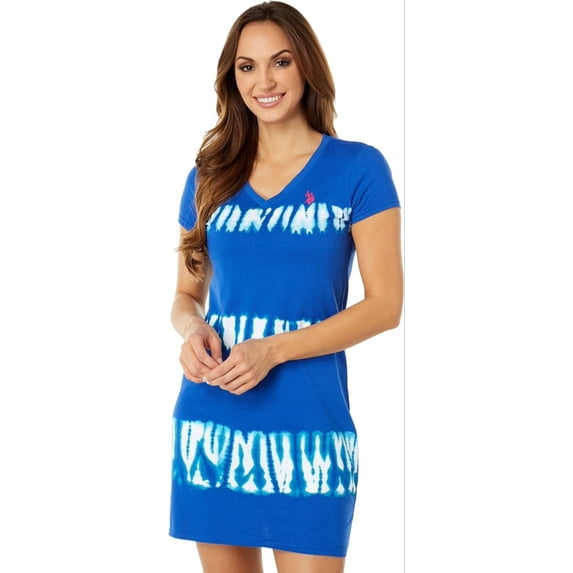 U.S. Polo Assn. Women’s Tie-Dye Stripe Short Sleeve Sneaker Dress, Blue Raft, Large