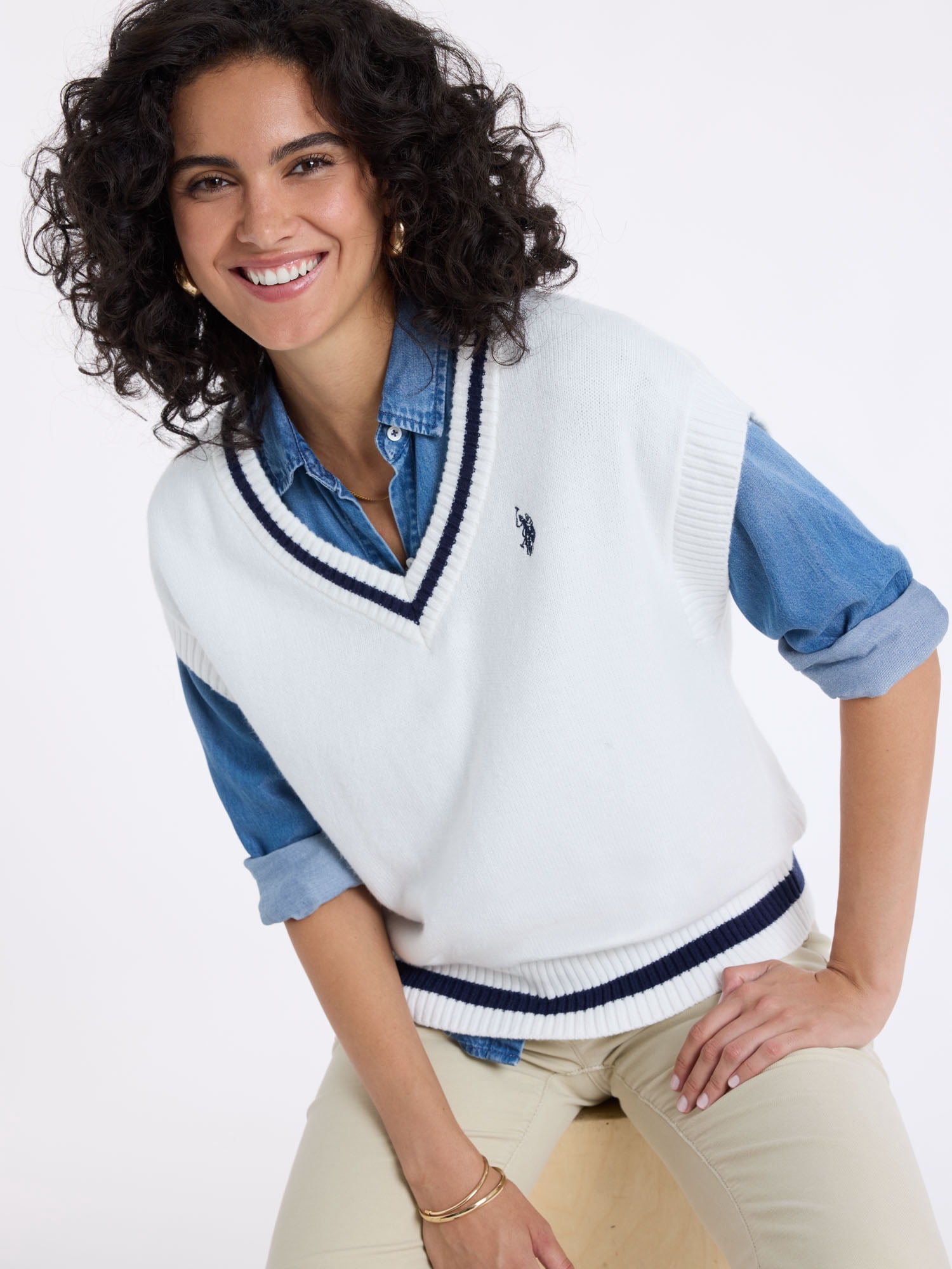 U.S. Polo Assn. Women's Tipped Drop Shoulder Sweater Vest, XS-XL