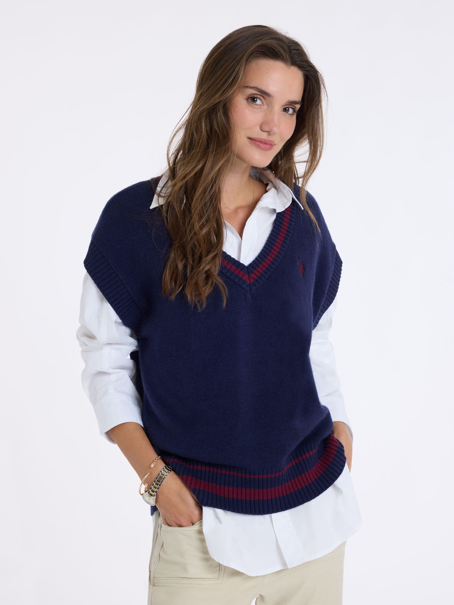 U.S. Polo Assn. Women's Tipped Drop Shoulder Sweater Vest, XS-XL