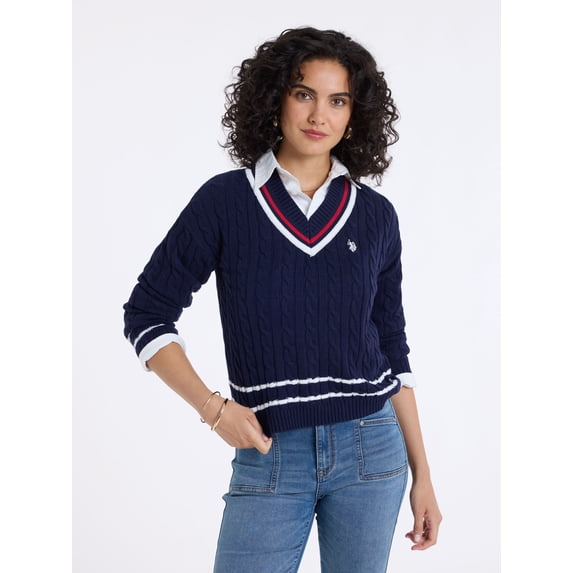 U.S. Polo Assn. Women's Varsity V-Neck Cable Sweater