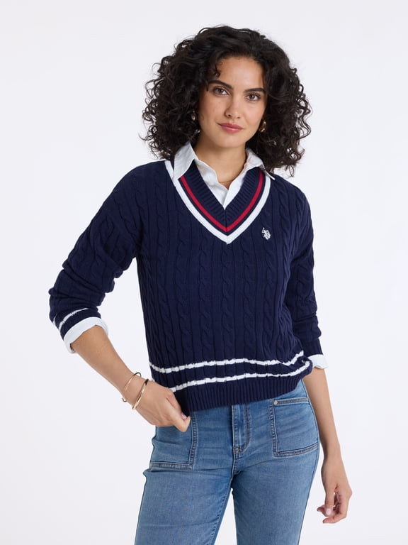 Women's Varsity V-Neck Cable Sweater