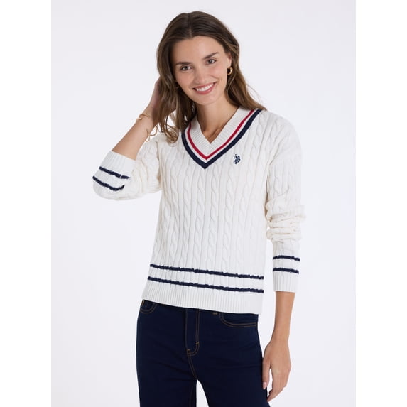 U.S. Polo Assn. Women's Varsity V-Neck Cable Sweater