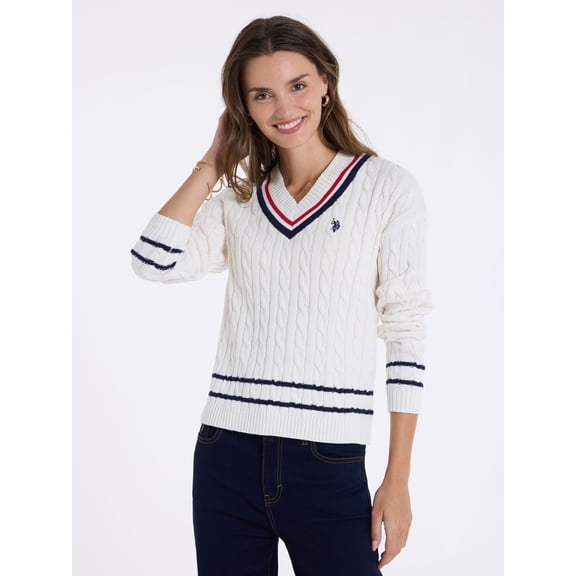 U.S. Polo Assn. Women's Varsity V-Neck Cable Sweater