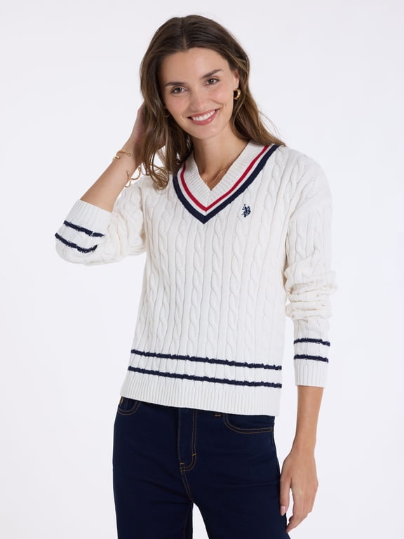 Women's Varsity V-Neck Cable Sweater