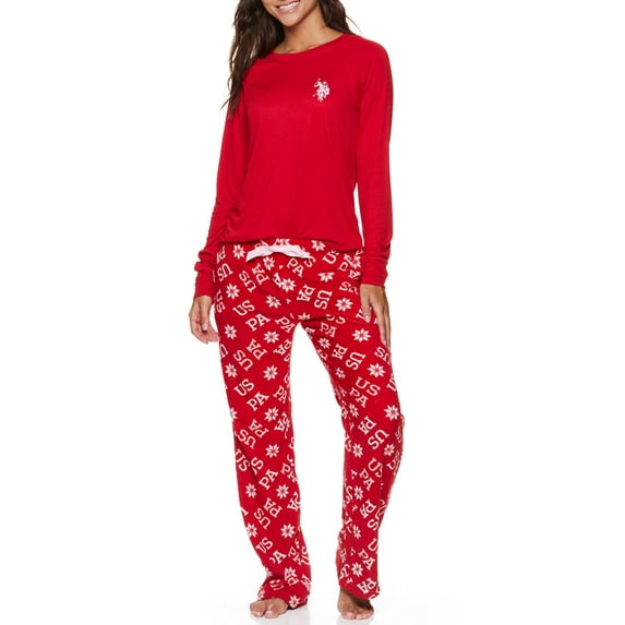 U.S. Polo Assn. Women's & Women's Plus Long Sleeve Top and Plush Pant Pajama Sleep Set, 2-Piece, Sizes S-3XL
