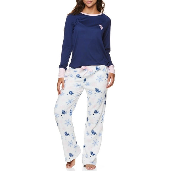 U.S. Polo Assn. Women's & Women's Plus Long Sleeve Top and Plush Pant Pajama Sleep Set, 2-Piece, Sizes S-3XL