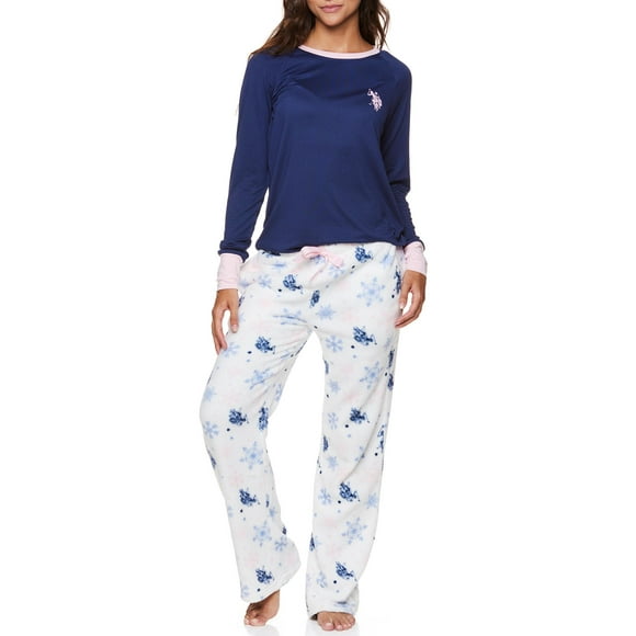 U.S. Polo Assn. Women's & Women's Plus Long Sleeve Top and Plush Pant Pajama Sleep Set, 2-Piece, Sizes S-3XL