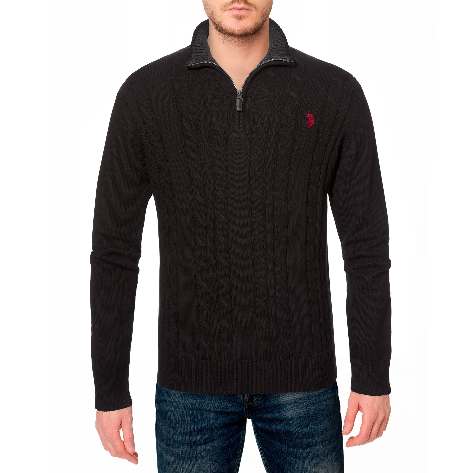 U.S. Polo Assn. mens Cable Knit 1/4 Zip Sweater (Black, Medium