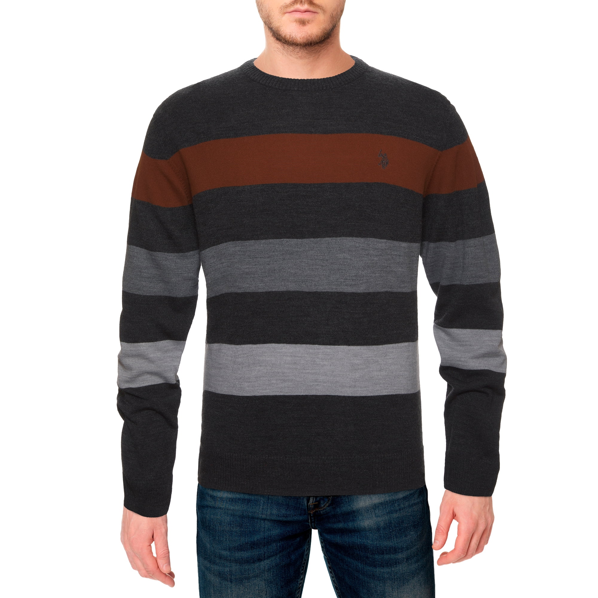 U.S. Polo Assn. mens Color Block Striped Crew Sweater (Charcoal Heather, Small)