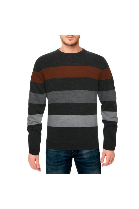 mens Color Block Striped Crew Sweater (Charcoal Heather, Small)