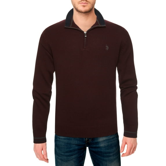 U.S. Polo Assn. mens Quilted Shoulder 1/4 Neck Sweater (Merlot Heather, Small)