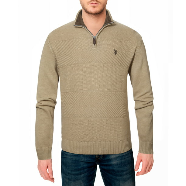 U.S. Polo Assn. mens Solid Texture Chest Stripe 1/4 Sweater (Camel ...