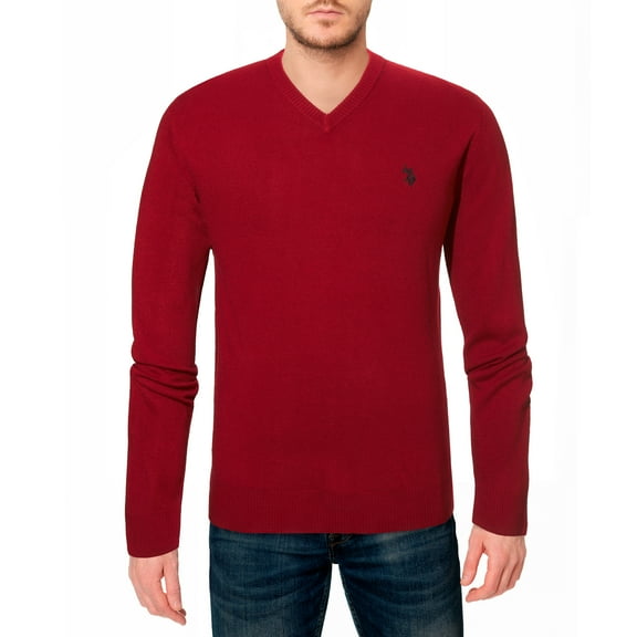 U.S. Polo Assn. mens Solid V-Neck Long-Sleeve Sweater (Engine Red, Small)