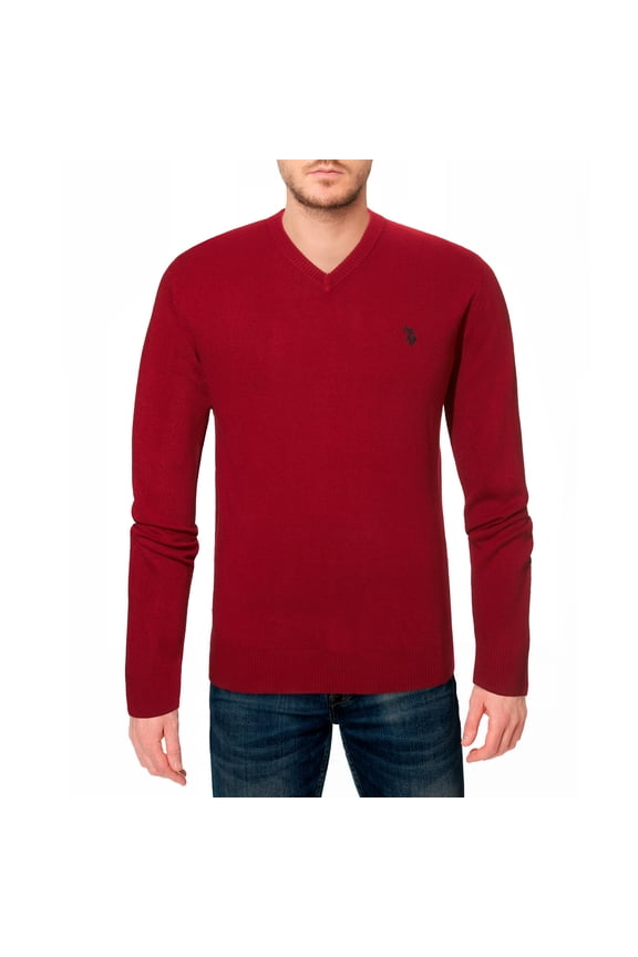 mens Solid V-Neck Long-Sleeve Sweater (Engine Red, XL)