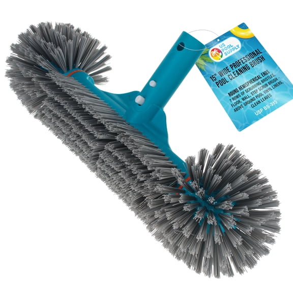 U.S. Pool Supply 15" Pool Brush Head for Inground Pools - Round Hemispherical Ends, 7 Rows of Scrubbing Bristles, Floor, Wall, Step Scrub Brush - Above Ground Pool Vinyl Liners, Clean Leaves, Leaf
