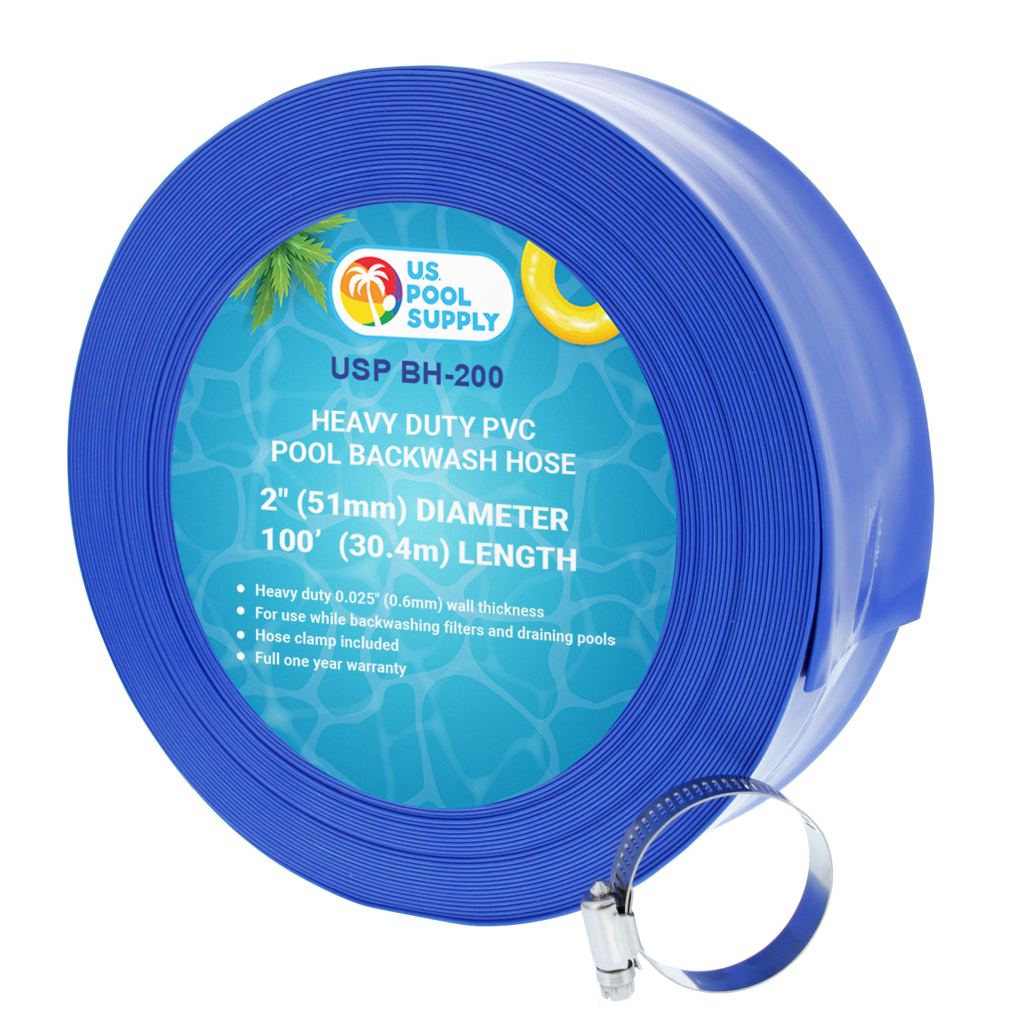 U.S. Pool Supply 2" x 50' Heavy Duty Blue PVC Swimming Pool Backwash Hose with Hose Clamp