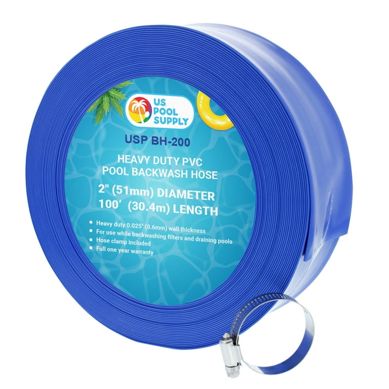 U.S. Pool Supply 1-1/2 x 100' Heavy Duty Blue PVC Swimming Pool Backwash Hose with Hose Clamp