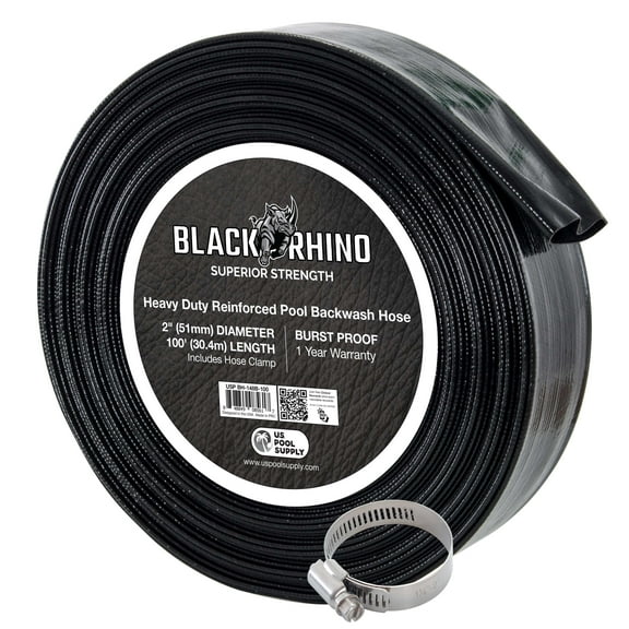 U.S. Pool Supply Black Rhino 2" x 100' Pool Backwash Hose with Hose Clamp - Extra Heavy Duty Superior Strength, Thick 1.2mm (47 mils) - Weather Burst Resistant - Drain Clean Swimming Pools