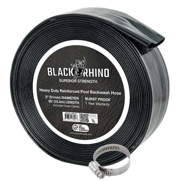 U.S. Pool Supply Black Rhino 2" x 50' Pool Backwash Hose with Hose Clamp - Extra Heavy Duty Superior Strength, Thick 1.2mm (47 mils) - Weather Burst Resistant - Drain Clean Swimming Pools