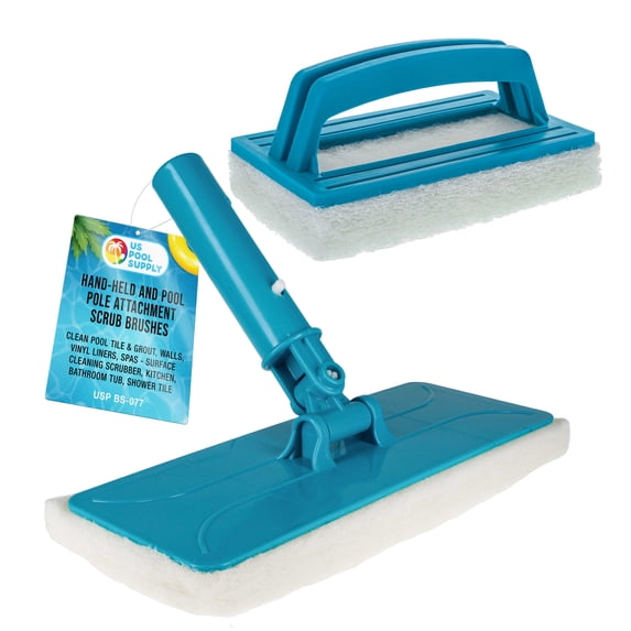 U.S. Pool Supply Hand-Held and Pool Pole Attachment Scrub Brushes - Surface Scrubbing Scouring Sponge Pads - Clean Pool Tile Grout Walls, Vinyl Liners, Spas, Remove Stains, Kitchen Bathroom