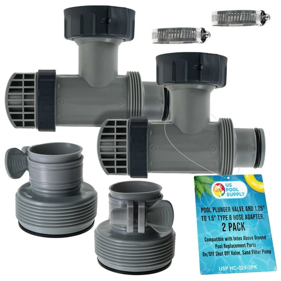 U.S. Pool Supply Pool Plunger Valve and 1.25" to 1.5" Type B Hose Adapter, Pack of 2 - Compatible with Intex Above Ground Pool Replacement Parts - On/Off Shut Off Valve, Sand Filter Pump