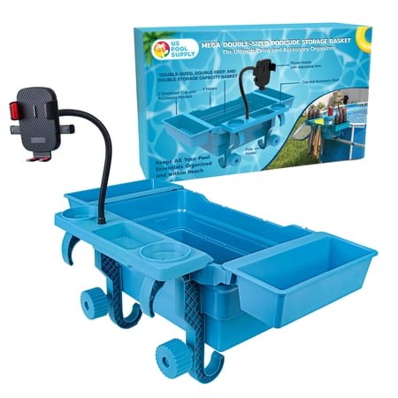 U.S. Pool Supply Poolside Storage Basket, Extra-Large - Above Ground Pool Deep Double-Sized Accessories Organizer with Oversized Cup Holders, Phone Holder, Towel Hooks -Fits 2.3" Round Oval Top Rails