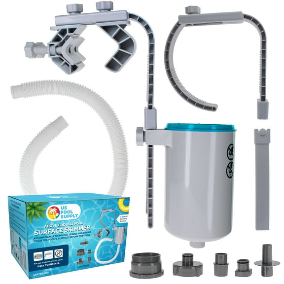 U.S. Pool Supply Pool Skimmer - Above Ground Pool Skimmer, Floating Surface Skimmer, 5 Adapters, Pool Accessories - Clean Debris Basket, Wall Mount, Attach to Inflatable Collars, Metal Frames