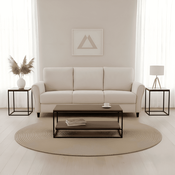U S Pride Furniture 3-Seater Sofa, Mid-Century Modern Curved Couch, Polyester Upholstery, Ivory, Living Room Furniture