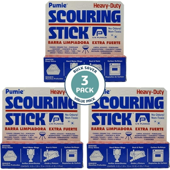 U.S. Pumice Heavy Duty Scouring Stick, 3 Pack, Pumie Pummis Stone, Remove Hard Water Rings, Foot Pumice Stone, Pool Cleaning Stone (3 Pack)