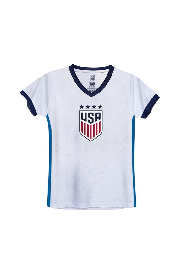 U.S. Soccer USWNT National Team Gameday 4 Star Champion Soccer Youth Poly Shirt -White/Blue, YM