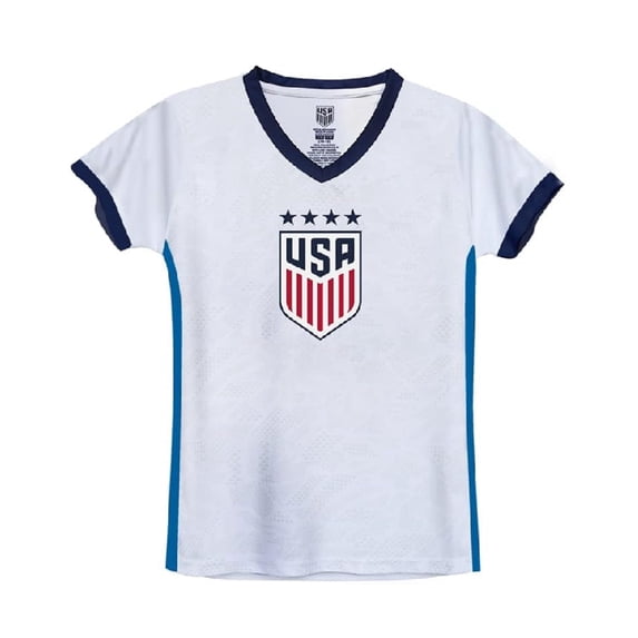 U.S. Soccer USWNT National Team Gameday 4 Star Champion Soccer Youth Poly Shirt -White/Blue, YS