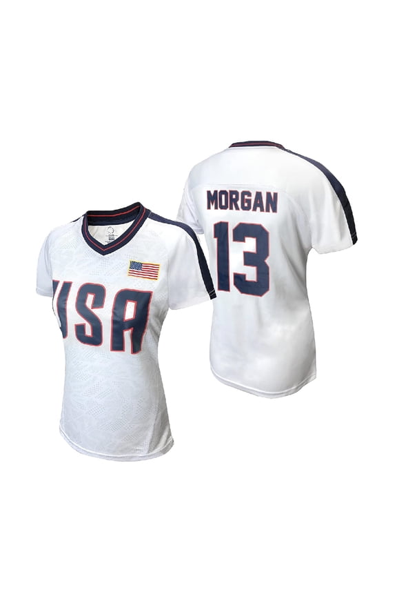 U.S. Soccer USWNT Player Shirt – Adult Women's Official USA Flag Football Tee Top - Morgan 13, White, Large