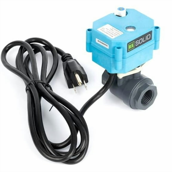 U.S. Solid 1/2 inch PVC Motorized Ball Valve - Plastic Electrical, US Plug, 2 Wire Auto Return, AC 110~230V, IP67, Manual Override, Normally Closed