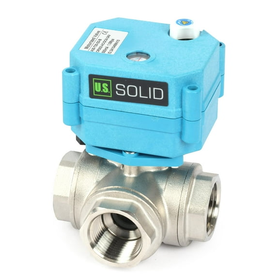 U.S. Solid 1" 3 Way Stainless Steel Motorized Ball Valve with Manual Function, T Type Water Shutoff Valve, AC/DC 9-24V