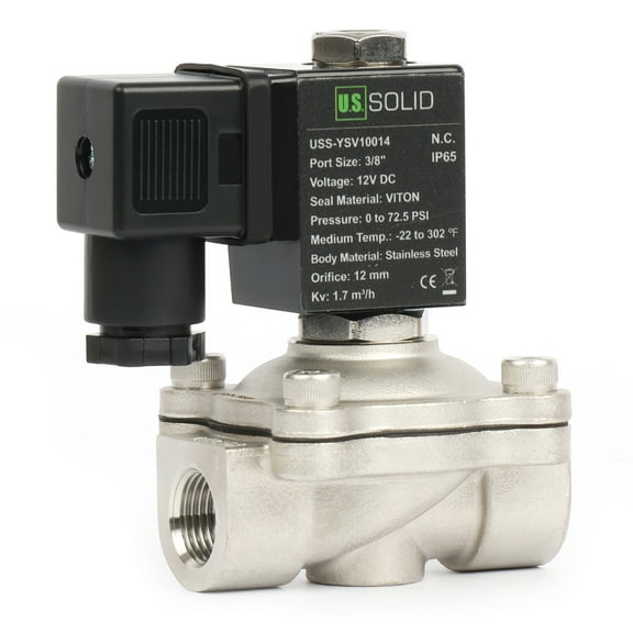 U.S. Solid 3/8" Stainless Steel Self-holding Solenoid Valve 12VDC, VITON Seal, Normally Closed, Direct Action, 0 to 72.5 PSI