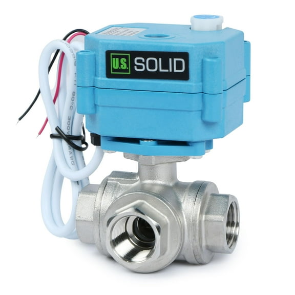 U. S. Solid 3 Way L Type IP67 Motorized Ball Valve with Hand Wheel 1/2 in NPT Standard Port Stainless Steel AC 110-230V 2 Wire Auto Return Wiring Normally Closed Blue Casing